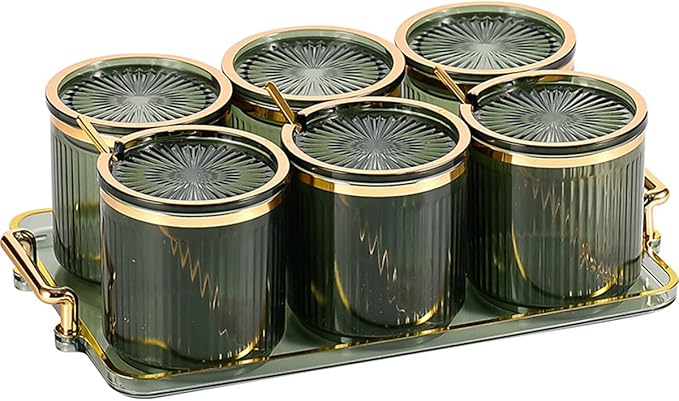 Acrylic Condiment Spice Jars,Condiment Spice Box With Lids and Spoons and Tray,Clear Plastic Condiment Canisters,Seasoning Box 6 Pack,Seasoning Box Set for Kitchen to Storage Salt,Paprika,Sugar-CasaMuseHome