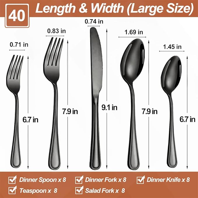 40 Pcs Black Silverware Set for 8 with Simple Striped Handle Design, Food Grade Stainless Steel Flatware Set, Eating Utensils Sets Include Fork/Knife/Spoon, Cutlery Set, Dishwasher Safe-CasaMuseHome