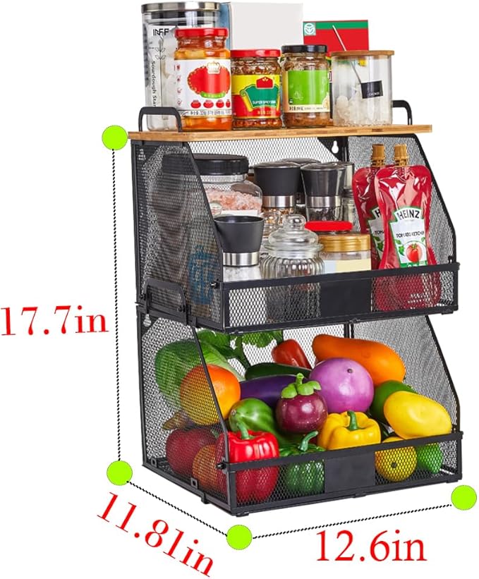 2 Tier Stackable Hanging fruit basket for kitchen counter,hanging Wall baskets with Bamboo Tops & Tag,Wire basket for Cabinet Shelf Countertop Pantry Organizer Bins, onion potato Vegs Bread Organizing-CasaMuseHome