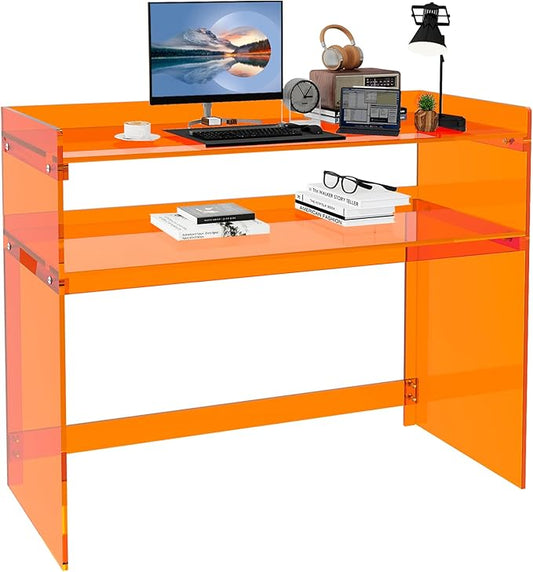 Acrylic Desk with Retaining Edge, Orange Acrylic Table, Console Table for Office, Study, Bedroom, Entrance Decor (17.7" D x 39.4" W x 31.5" H, Orange)-CasaMuseHome
