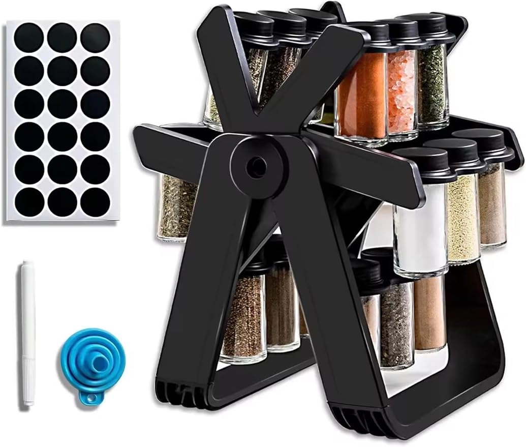A&K's Rotating Spice Rack Organizer, 18 Glass Jars, 360-Degree Turntable, Black, Comes with Spice Label Stickers, Funnel, and Water Pen. Best for Kitchen Organization, Countertop, Pantry, and Cabinet.-CasaMuseHome