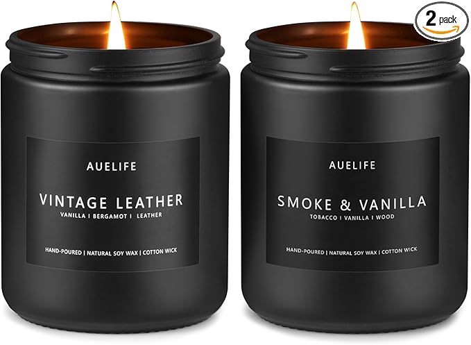 2 Pack Men Candles | Smoke & Vanilla + Vintage Leather - Scented Candles for Men - Masculines Candle - Soy Candle for Home Scented, Man Gifts, Black Jar - 7oz-CasaMuseHome