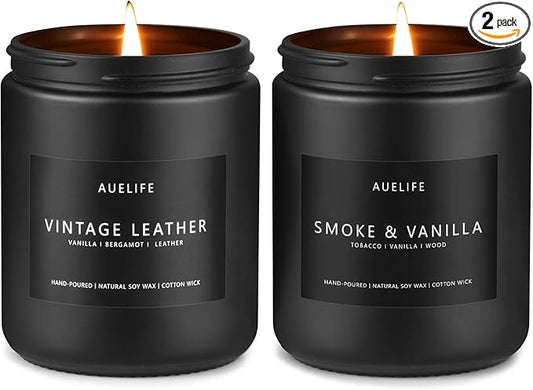 2 Pack Men Candles | Smoke & Vanilla + Vintage Leather - Scented Candles for Men - Masculines Candle - Soy Candle for Home Scented, Man Gifts, Black Jar - 7oz-CasaMuseHome