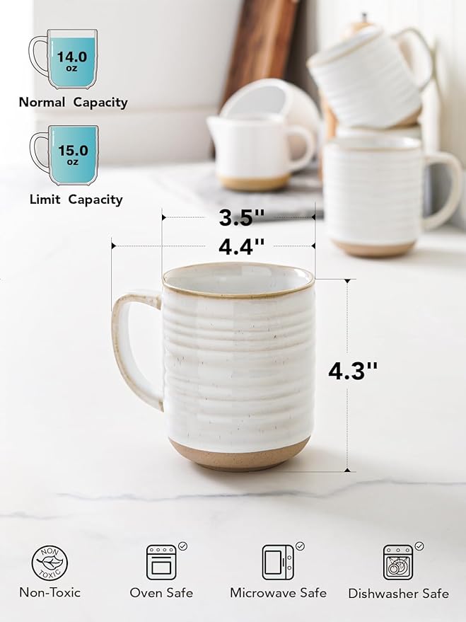 LE TAUCI Coffee Mugs 15 oz,Ceramic Mug Set, Coffee Cups for Latte, Hot Tea, Cappuccino, Mocha, Cocoa, Dishwasher Safe, Suit For Housewarming Wedding- 3.5 inch, Set of 4, Arctic White-CasaMuseHome