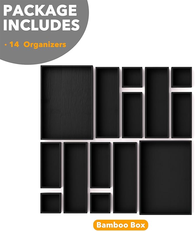 SpaceAid 14-Piece Bamboo Drawer Organizer Storage Boxes Set, Wood Tray Junk Drawer Organizers Multi-Use Divider Bins for Kitchen, Bathroom, Office Desk and Makeup Organization (14 Pack, Black)-CasaMuseHome