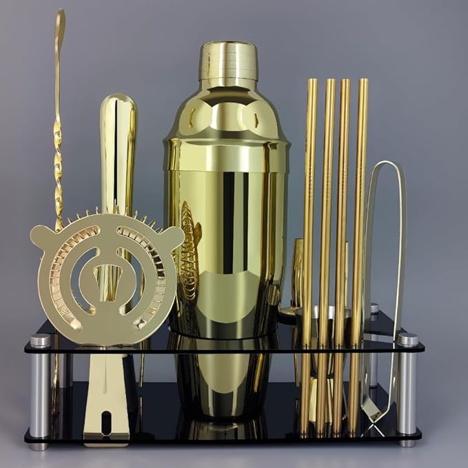 14-Piece Cocktail Shaker Set Bartender Kit with Black Stand, Bar Tool Set for Drink Mixing Bartending Kit Bar Sets Accessories: 750ml(25oz) Shaker, Jigger, Muddler, Cocktail Recipes (Gold)-CasaMuseHome