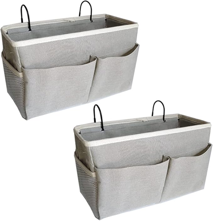 2-Pack Bedside Caddy, Bedside Hanging Storage Organizer for College Dorm Beds, Bunk Beds and Hospital Beds Rails, The Hanging Basket Can be Placed Magazine, Books, Phones,kettle, Glasses (Grey)-CasaMuseHome