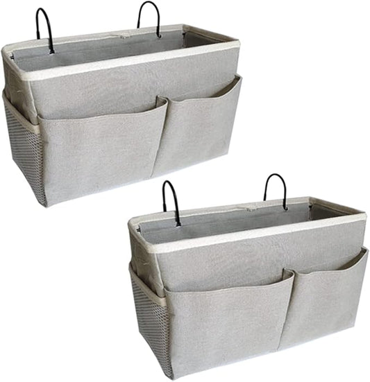 2-Pack Bedside Caddy, Bedside Hanging Storage Organizer for College Dorm Beds, Bunk Beds and Hospital Beds Rails, The Hanging Basket Can be Placed Magazine, Books, Phones,kettle, Glasses (Grey)-CasaMuseHome