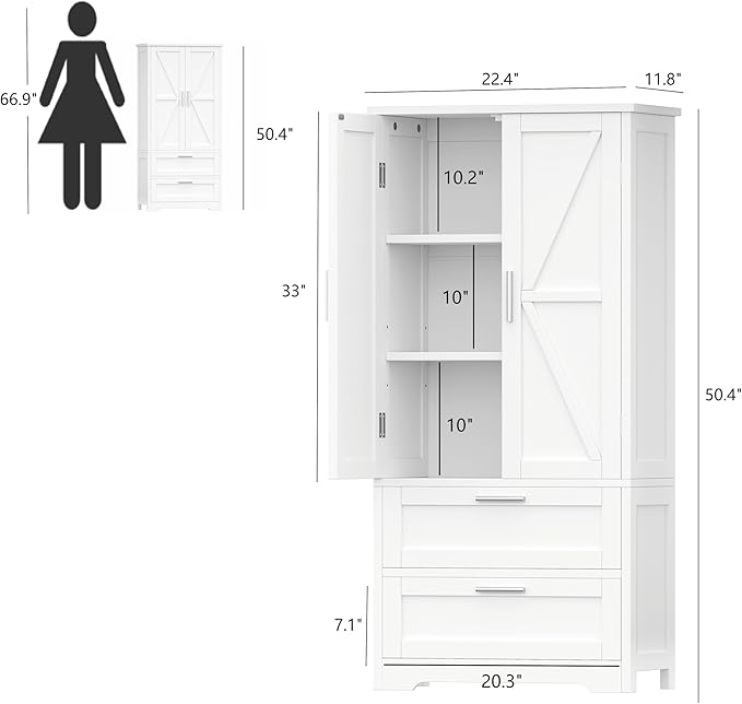 50.4" H Bathroom Storage Cabinet, Modern Floor Cabinet with Adjustable Shelf, Small Pantry with 2 Doors & Drawers, Storage Cabinet for Bathroom, Living Room, Kitchen, White KES007WCWG-CasaMuseHome