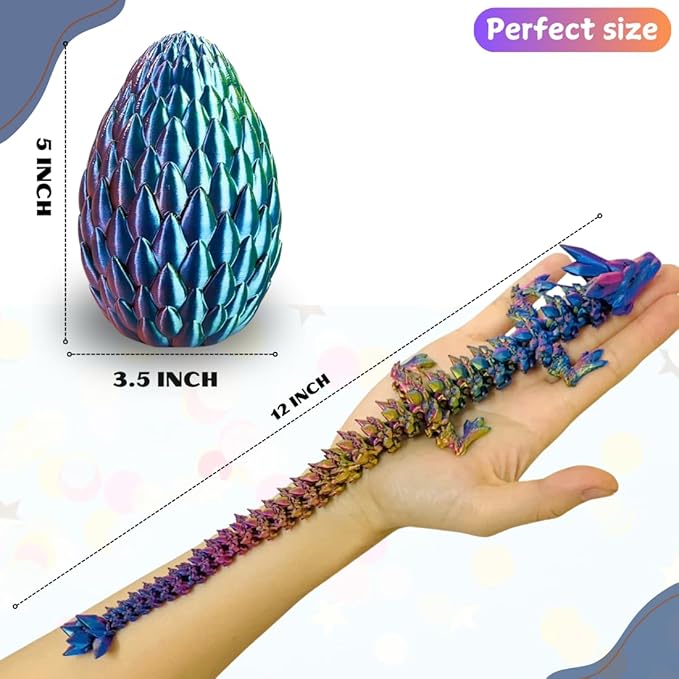 3D Printed 12” Articulated Crystal Dragon Inside 5.1” Egg – Fantasy Collectible, Fidget Toy & Stocking Easter Basket Stuffers for Home & Office Decor (Multicolor).-CasaMuseHome