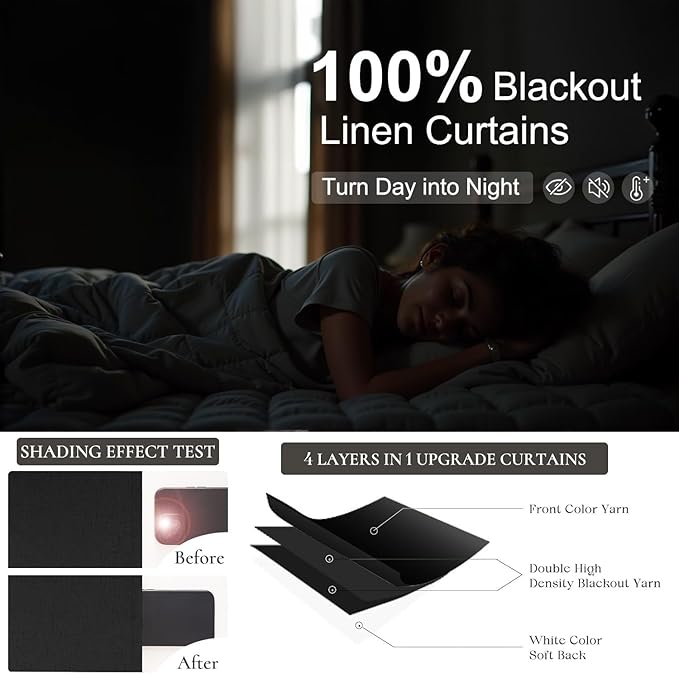 102 Inch Curtains Black Out Linen Blackout Curtains for Bedroom Aesthetic 2 Panel Long Drapes Large Window Sun Light Blocker Custom Made Size Thermal Insulated Curtains for Living Room 52x102 Length-CasaMuseHome