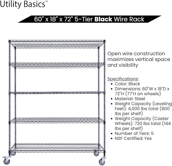 60"x18"x72" Black 5-Tier Premium Wire Shelving NSF 4000 LBS MAX Capacity Heavy Duty Steel Storage Rack for Warehouses, Garages, Hospitals, Commercial Spaces, & Schools w/Premium Wheels-CasaMuseHome