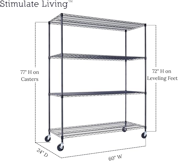 60"x24"x72" PRIME HEAVY DUTY Black 4-Tier Wire Shelving NSF 2400 LBS MAX Capacity Storage Rack for Commercial, School, Home, Garage, Warehouse, Industrial, and Hospital Uses (with Wheels)-CasaMuseHome