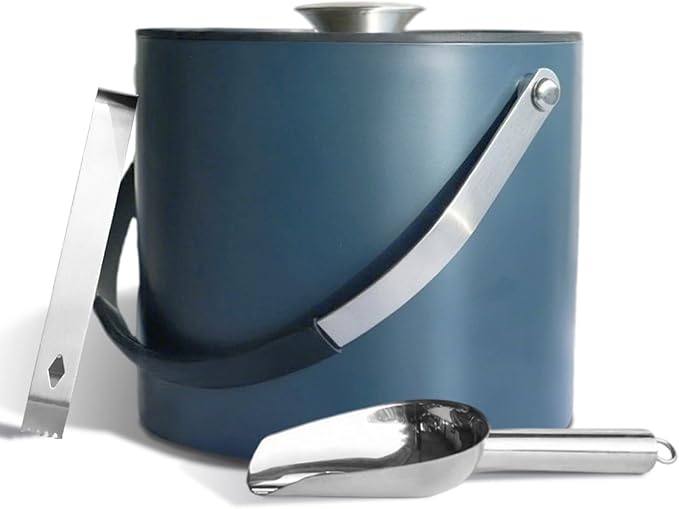 4L Ice Bucket with Silicone Lid, Scoop, Tongs & Strainer, Stainless Steel Double Wall Insulated Ice Buckets for Parties & Cocktail Bar, Outdoor Champagne Ice Container Bin, Navy-CasaMuseHome