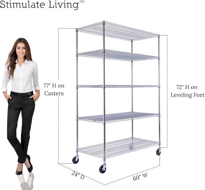48"x24"x72" Prime Heavy Duty Chrome 5-Tier Steel Wire Shelving NSF 4000 LBS MAX Capacity Storage Rack for Commercial, School, Home, Garage, Warehouse, Industrial, and Hospital Uses (with Wheels)-CasaMuseHome
