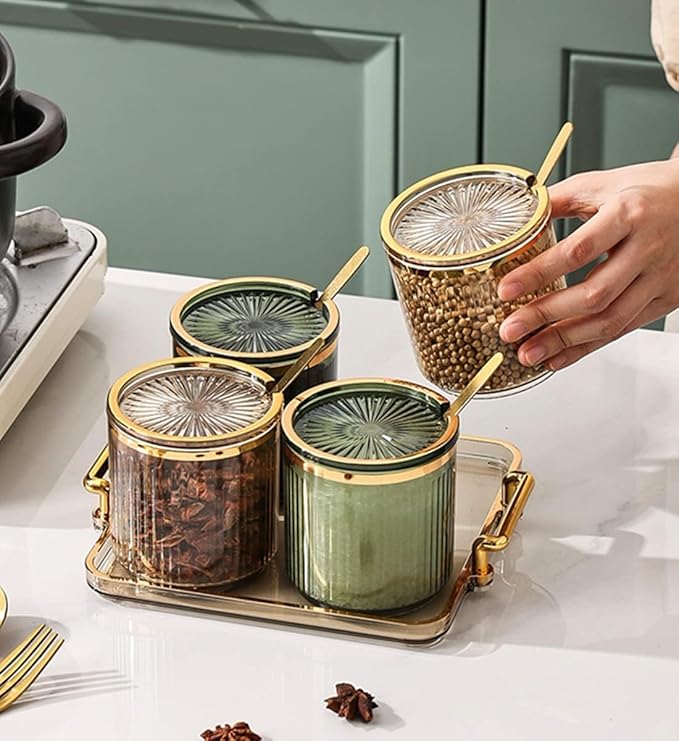 Acrylic Condiment Spice Jars,Condiment Spice Box With Lids and Spoons and Tray,Clear Plastic Condiment Canisters,Seasoning Box 4 Pack,Seasoning Box Set for Kitchen to Storage Salt,Paprika,Sugar-CasaMuseHome