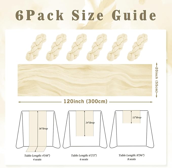 10FT 6 Pack Beige Cheesecloth Table Runner 20 x 120 Inch Long Rustic Gauze Fabric Cheese Cloth Table Runner for Wedding Bridal Baby Shower Table Decorations Boho Sheer Birthday Party Table Decor-CasaMuseHome
