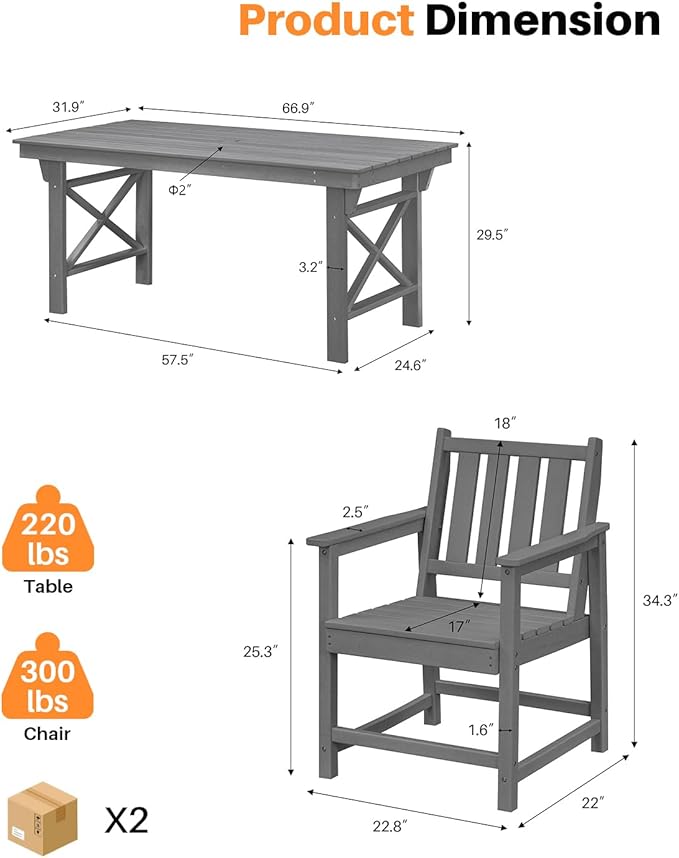 7 Pieces HDPE Outdoor Dining Set, Patio Dining Set with Umbrella Hole, All Weather Outdoor Dining Table Sets for 6, HDPE Patio Furniture Sets for Deck, Backyard, Lawn, and Poolside, Smoke Gray-CasaMuseHome