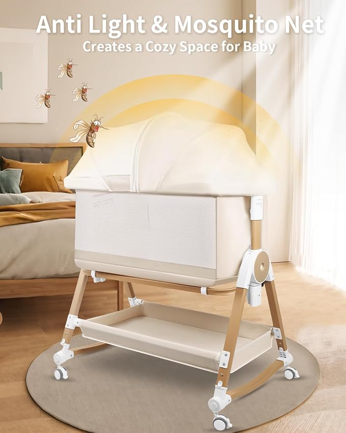 4 in 1 Baby Bassinet, Bassinets Bedside Sleeper with Wheels and Storage Basket, Adjustable 7 Heights Bedside Sleeper with Mosquito Net, Breathable Mesh Rocking Bassinet for Baby-CasaMuseHome