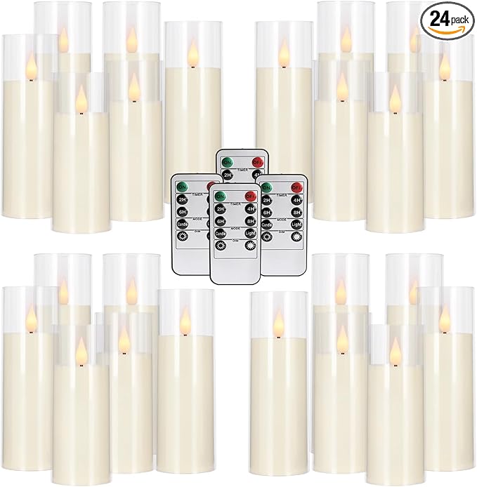 24-Pack Acrylic LED Flameless Pillar Candles with Remote & Timer, Battery Powered - Perfect for Indoor/Outdoor Decor,Wedding,BBQ and Gift - Easily Create a Magical Atmosphere.-CasaMuseHome