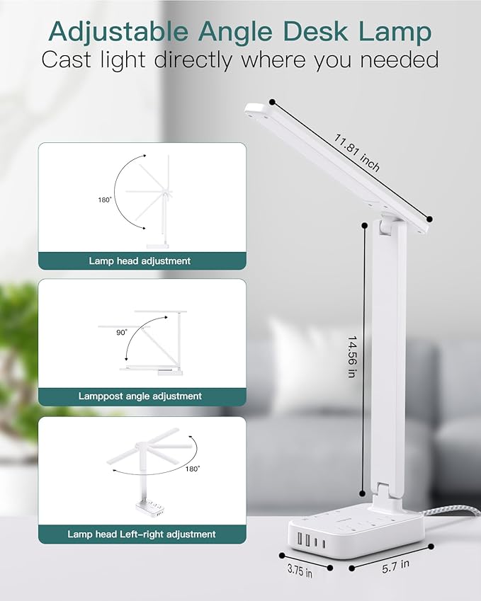 Addtam LED Desk Lamp, Power Strip with 3 Outlets 4 USB Charging Ports(2 USBC), 4 Modes 5 Level Brightness Touch Lamp, Small Desk Lamp for Home Office College Dorm Room Essentials, White-CasaMuseHome