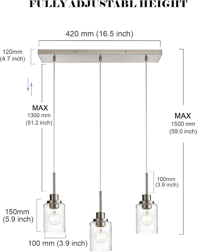 3-Light Farmhouse Chandelier Light Fixture Brushed Nickel Clear Seeded Glass Dining Room Hanging Modern Pendant Lighting Over Table,Traditional Ceiling Lights for Kitchen Island Entryway-CasaMuseHome