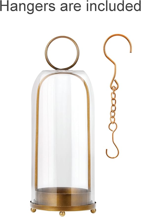 16" High Versatile Modern Metal Hurricane Lantern with Handmade Sturdy Glass Dome for Pillar Candle & Plants (Brass, 6.3"x16.5")-CasaMuseHome