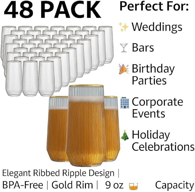 48 Pack Ribbed Ripple Stemless Toasting Glasses, Origami Durable 9 Oz BPA-Free Disposable Plastic Champagne Flutes for Weddings, Bars, Events, and Celebrations (Gold Rim)-CasaMuseHome