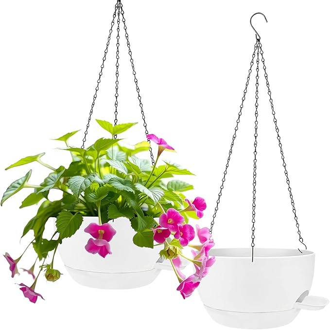 2 Pack Hanging Planters for Indoor Outdoor Plants, 8 Inch Self Watering Hanging Pot with Drainage Holes and Saucer, Plastic Plant Pots, White Flower Pots for Kitchen, Balcony, Garden-CasaMuseHome