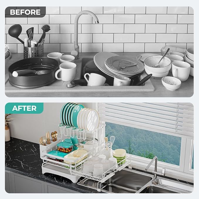 2 Tier Large Dish Drying Rack - Extendable Dish Rack, 2-in-1 Anti-Rust Stainless Steel Dishrack for Kitchen Counter and Sink, Dish Strainer with Utensil Holder & Cup Holder(White)-CasaMuseHome