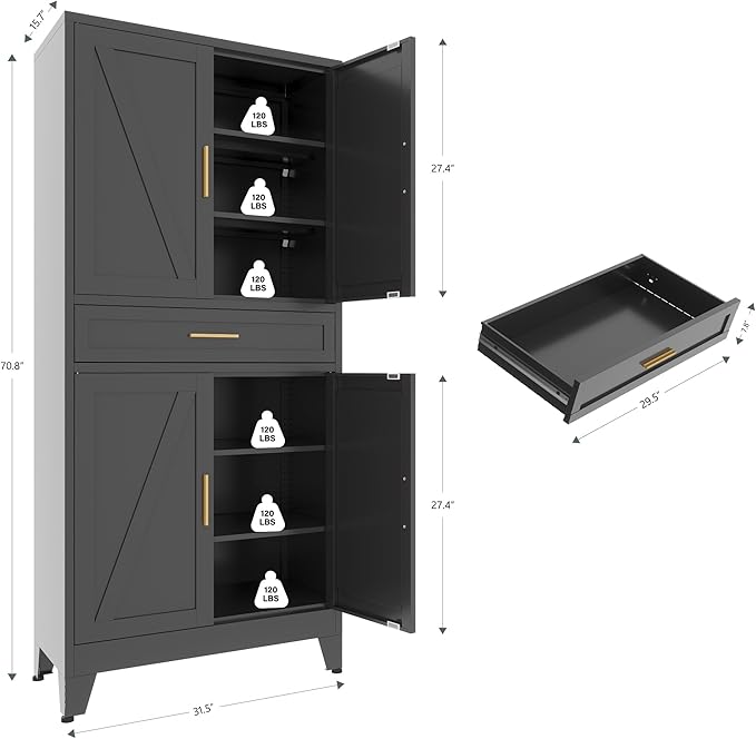 71 "Farmhouse Metal Filing Cabinet with a Drawer and 4 Adjustable Shelves, with 4 Large barn Door White Kitchen Cabinets, Metal Food Cabinets for Home, Kitchen, Dining/Living Room (Black)-CasaMuseHome