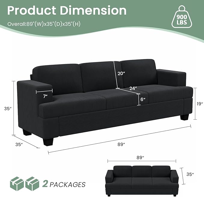 3 Pieces Corduroy Couch Set for Living Room, 8 Seats Cloud Sofa, Deep Seat Floor Couch for Bedroom, Futon Modern Sofa Sectional Bed, Black Corduroy-CasaMuseHome