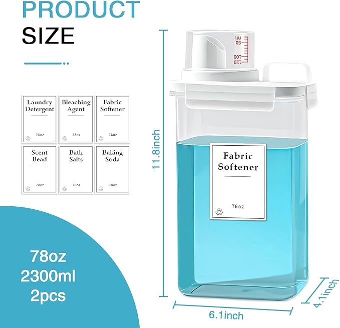 2 Pack Laundry Detergent Dispenser, 78oz Detergent Dispenser, Refluxable Laundry Detergent Container, Plastic Liquid Laundry Detergent Dispenser for Laundry Room Organization with 6 Labels-CasaMuseHome
