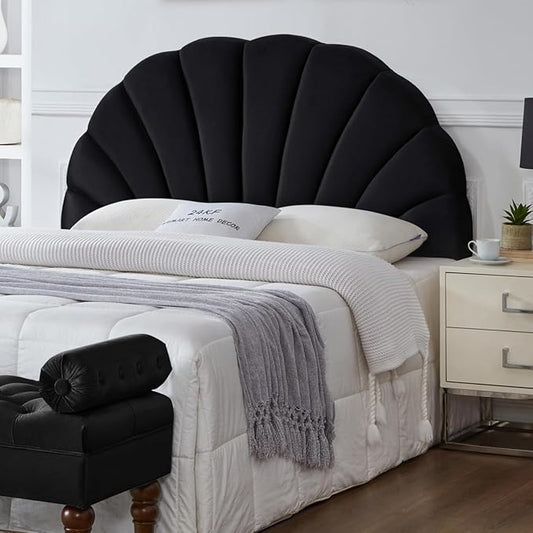 24KF Stunning Crown Design Queen Headboard, Upholstered Soft Velvet Petal Pattern Headboard Queen/Full-Black-CasaMuseHome