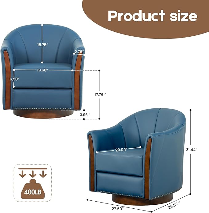 360° Swivel Accent Chair, Modern Leather Barrel Club Chair with Leather Upholstery and Sturdy Wood Base, Comfortable Armchair for Living Room, Bedroom, Reading Nook, Blue-CasaMuseHome