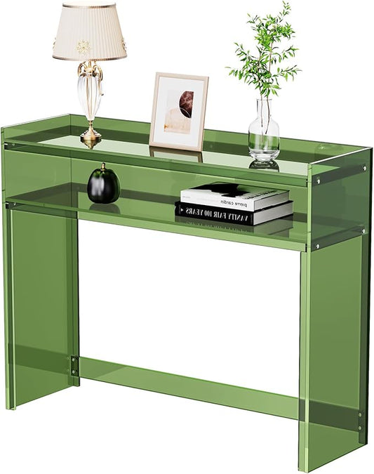 Acrylic Console Table, Entryway Table with Storage Shelves (Green)-CasaMuseHome