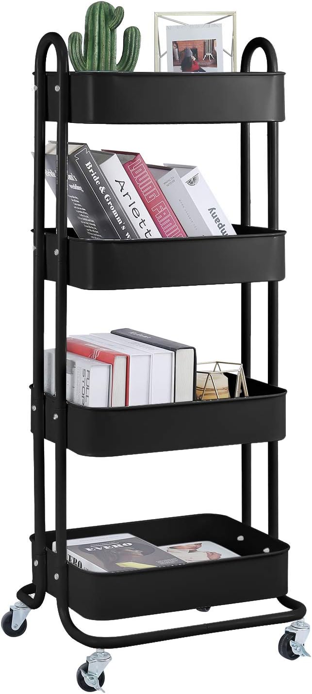 4-Tier Metal Mesh Utility Rolling Cart Storage Organizer Shelf Rack with Lockable Wheels for Living Room Kitchen Office, Black-CasaMuseHome
