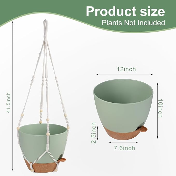 41.5 Inch Macrame Plant Hanger Indoor Outdoor with 12 Inch Flower Pot, Hanging Planter for Plants Holder with Wood Beads for Boho Home Decor (Ivory+Green)-CasaMuseHome