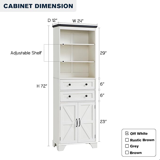 72" Tall Bathroom Storage Cabinet, Farmhouse Storage Cabinet with 2 Drawers, Adjustable Shelves & Barn Door, Cabinet for Bathroom, Living Room, Kitchen, Off White-CasaMuseHome