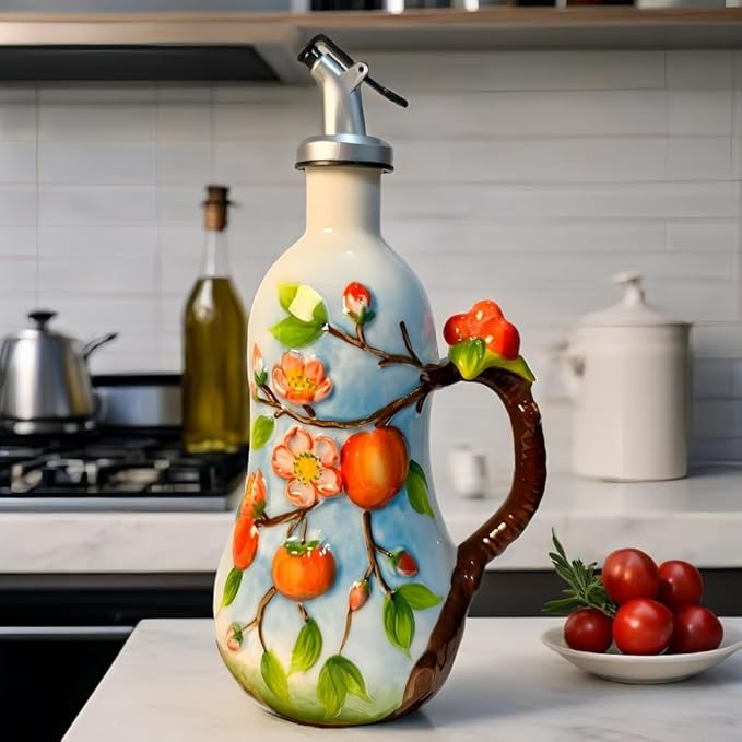 18.26oz/540ml Ceramics Olive Oil Dispenser Bottle,Hand Painted Reliefs Oil Dispenser for Kitchen,Oil Bottles for Kitchen (Persimmon)-CasaMuseHome