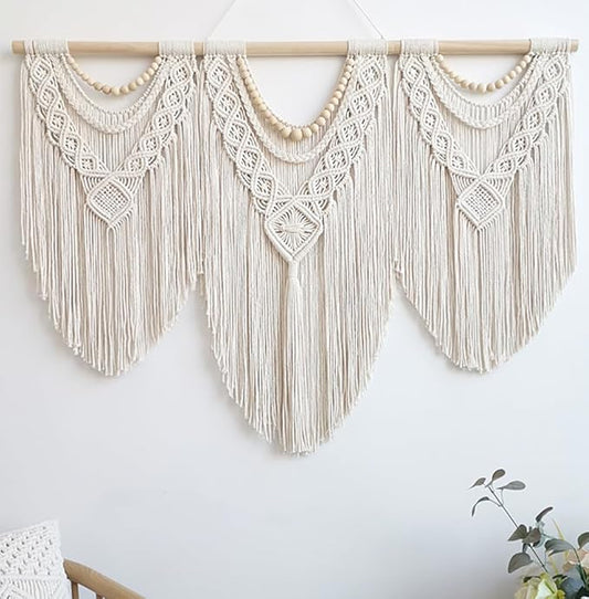 Achart Macrame Wall Hanging Large- Boho Wall Decor- large wall art- Wall Decor Living Room- Macrame Tapestry Boho Decor for Bedroom (Wooden Bead)-CasaMuseHome
