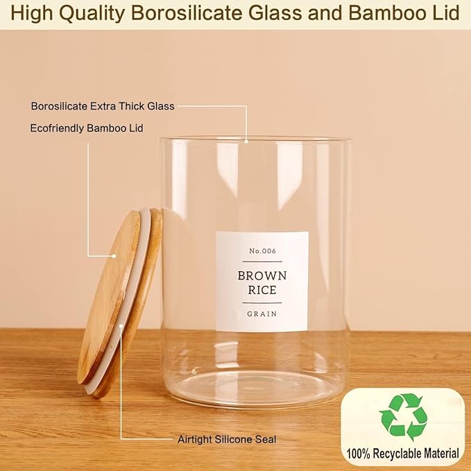 3 Pcs Glass Canisters with Airtight Bamboo Lids and 42 Kitchen Pantry Labels Preprinted - Clear Glass Flour and Sugar Storage Container Set - Large Glass Jars with Wood Lids(100 OZ/54 OZ/27 OZ)-CasaMuseHome