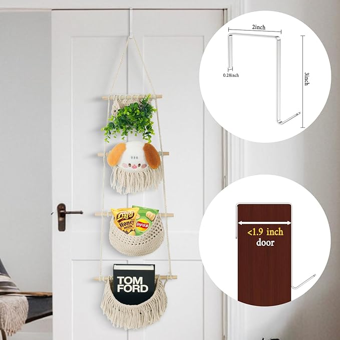 4 Tier Hanging Fruit Basket for Kitchen, Beige Boho Cotton Rope Crocheted Fruit Holder for Bathroom Bedroom, Detachable Wall Hanging Basket Shelves Over Door Organizer for Fruits Veggie Plant Decor-CasaMuseHome