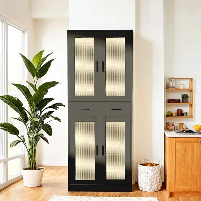 71" Tall Black & Rattan Pantry Cabinet - Boho Chic Kitchen Storage with Doors & Drawer for Dining Room, Hallway or Kitchen Organization-CasaMuseHome
