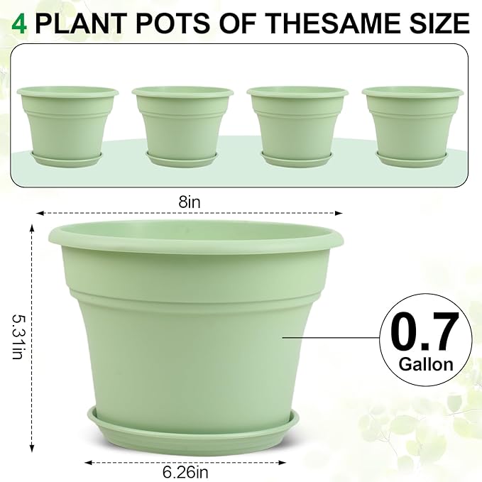 8 Inch Plastic-Flower Pot-for-Indoor Plants, 4 Pack Large Outdoor Planter Pot with Drainage Holes & Saucers, Resin Decorative Garden Pots Planters-CasaMuseHome