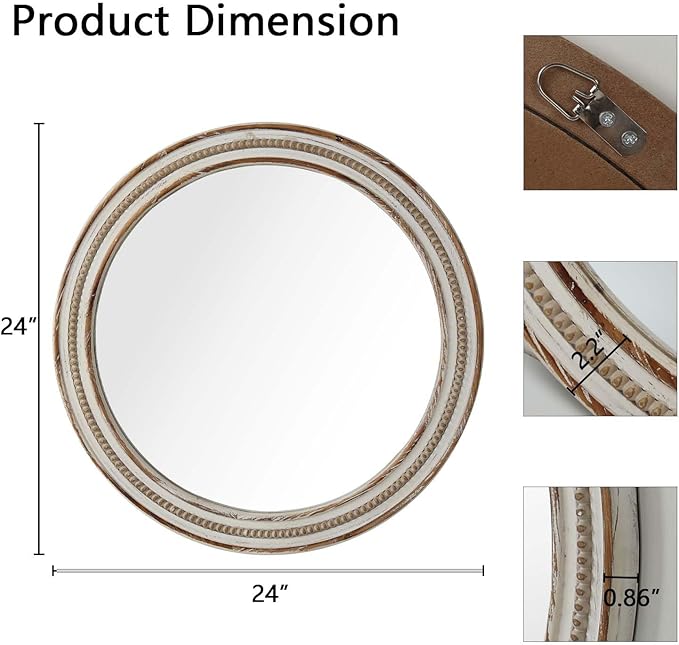 24 Inch Round Mirror - Distressed Vintage Farmhouse Mirror for Bathroom Wall, Living Room, Bedroom & Entryway, Handmade Wood Frame-CasaMuseHome