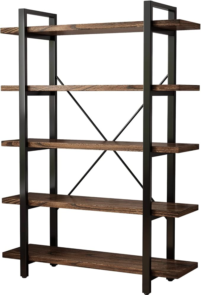 5-Tier Industrial Style Solid Wood Bookcase and Book Shelves,Rustic Wood and Metal Shelving Unit， Living Room,Modern Rustic Open Industrial Book Shelf Office,Distressed Brown (AY-02-5Tier)-CasaMuseHome