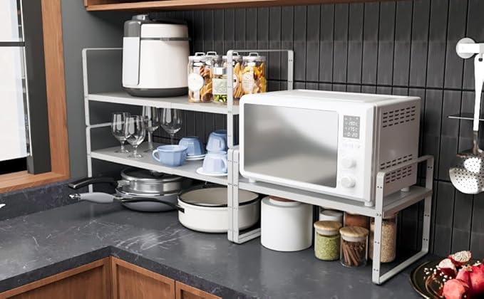 16.5~27.1" Expandable Shelf Organizer, 1Pack 8.1" Wide Stackable Cabinet Shelf Organizers, White Metal Sturdy Kitchen Counter Storage for Countertop, Adjustable Height Spice Rack-CasaMuseHome