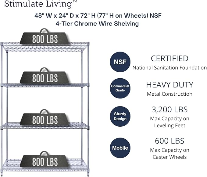 48"x24"x72" Prime Heavy Duty Chrome 4-Tier Wire Shelving NSF 3200 LBS MAX Capacity Storage Rack for Commercial, Hospital, School, Garage, and Kitchen Uses (with Wheels)-CasaMuseHome
