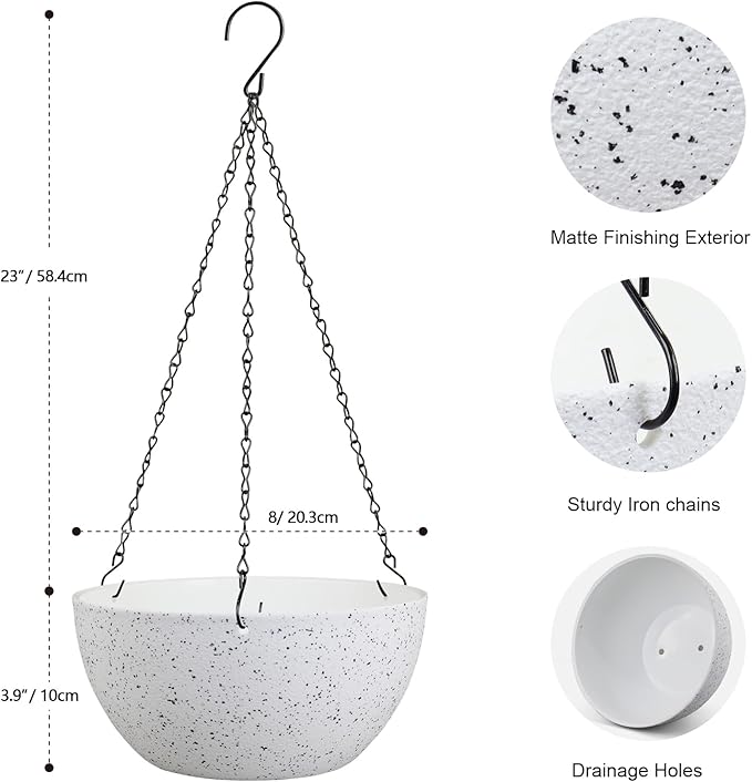 8 inch Hanging Planters for Small Indoor Outdoor Plants, 2 Pack Hanging Flower Pots with Drainage Holes and Chain for Garden Porch, Plastic Hanging Baskets for House Plants, Speckled White-CasaMuseHome